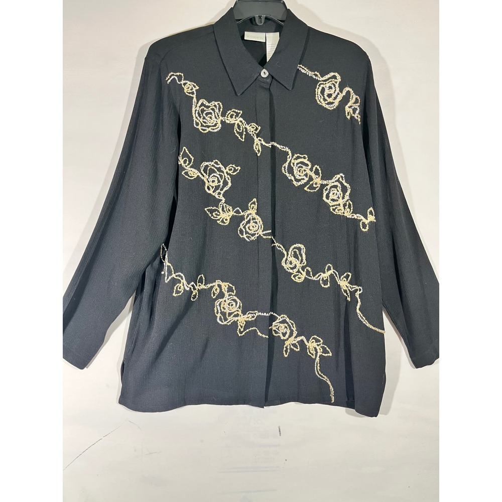 Koret Embroidered Floral Rose Button Front Blouse Women M Black Grannycore
Chic